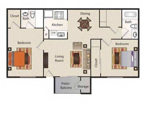 Floor plan for 2 beds, 2 baths, 1008 sqft